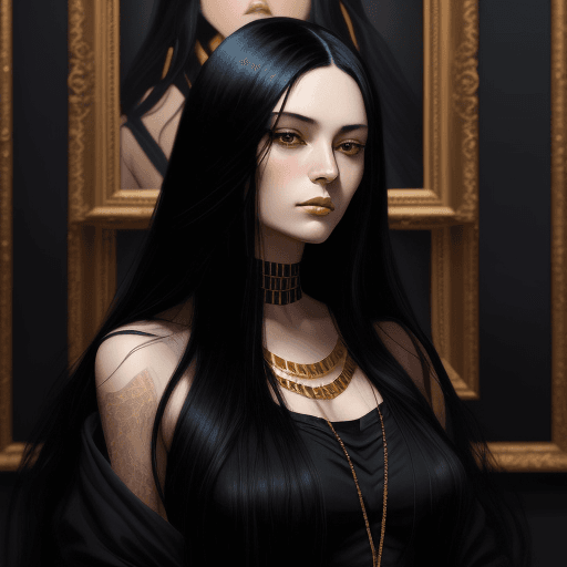 AI generated: a woman with long black hair in a gold painting, dark blue and dark black, comic art, realistic colo...