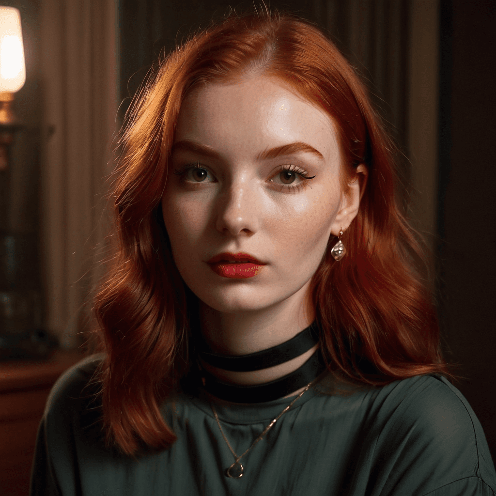 AI generated: Raw photo, (25yo redhead girl:1.2), makeup, graphic eyeliner, rouge, (choker:0.9), realistic skin te...