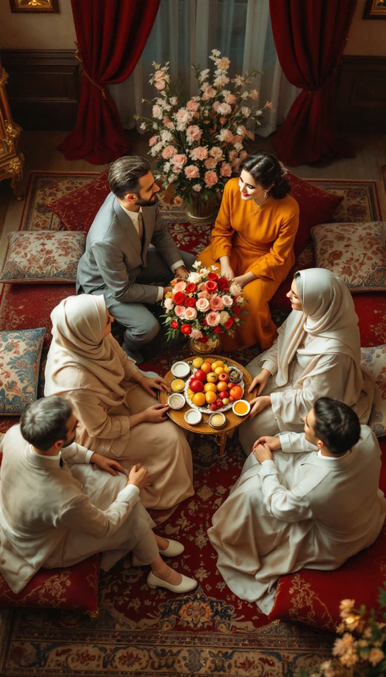 AI generated: high angle shot, traditional Iranian engagement gathering in a warm and nostalgic 1950s setting. The...