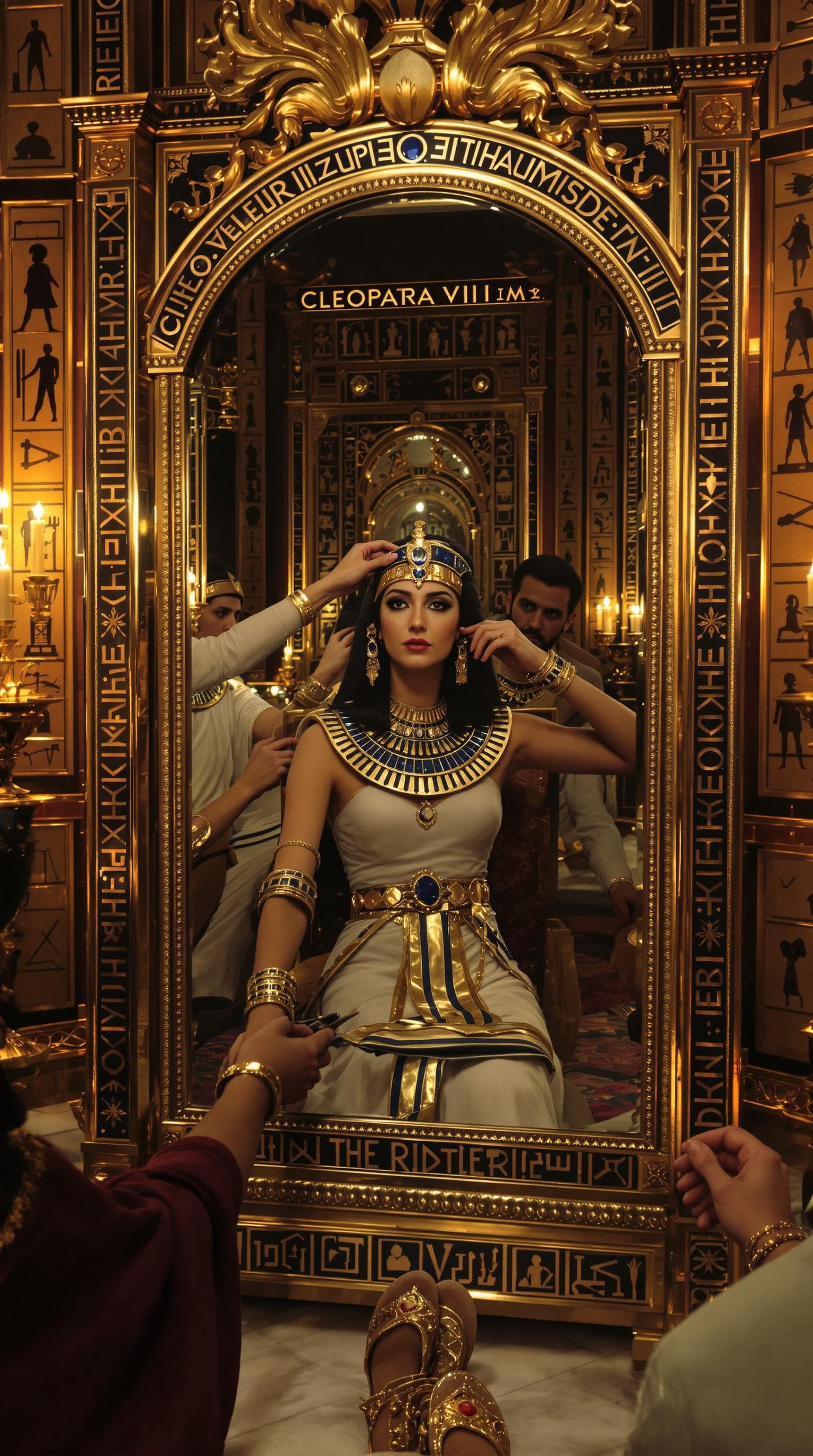 AI generated: A hyper-realistic first-person perspective of Cleopatra VII sitting before an ornate bronze mirror; ...