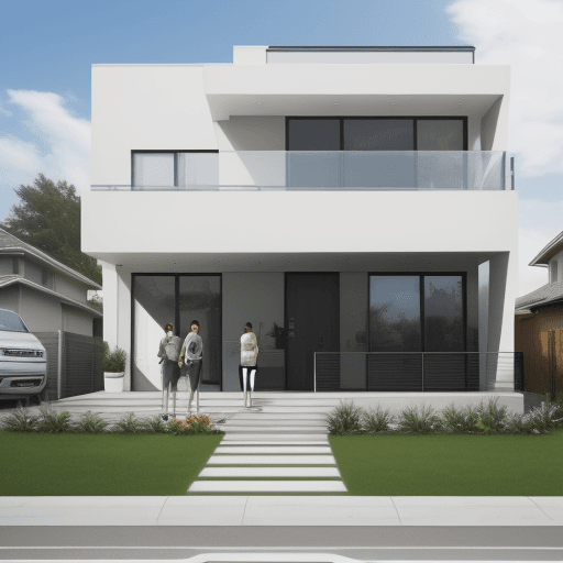 AI generated: modern house with people in front with a "on Sale" sign
