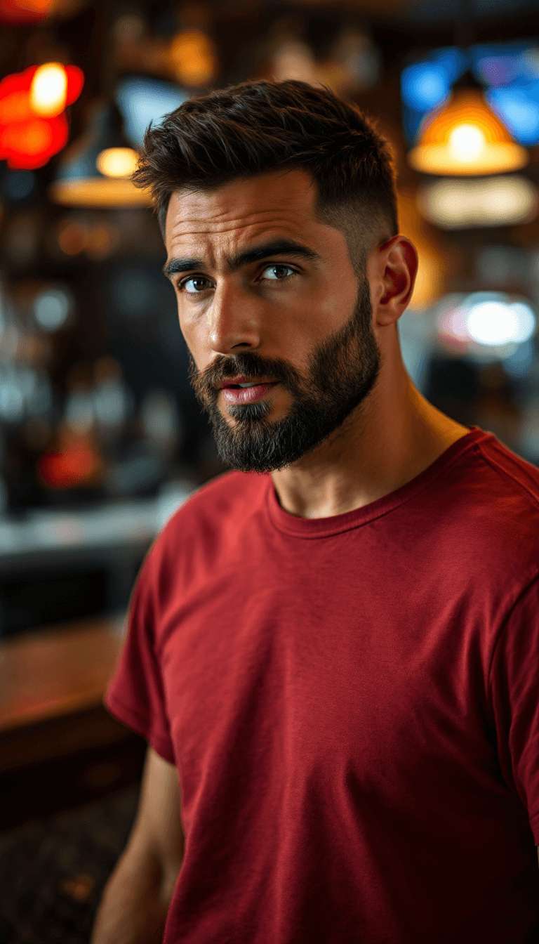 AI generated: realistic photo of a man, short burst-taper dark hair, trimmed beard, wearing straight-cut blue jean...