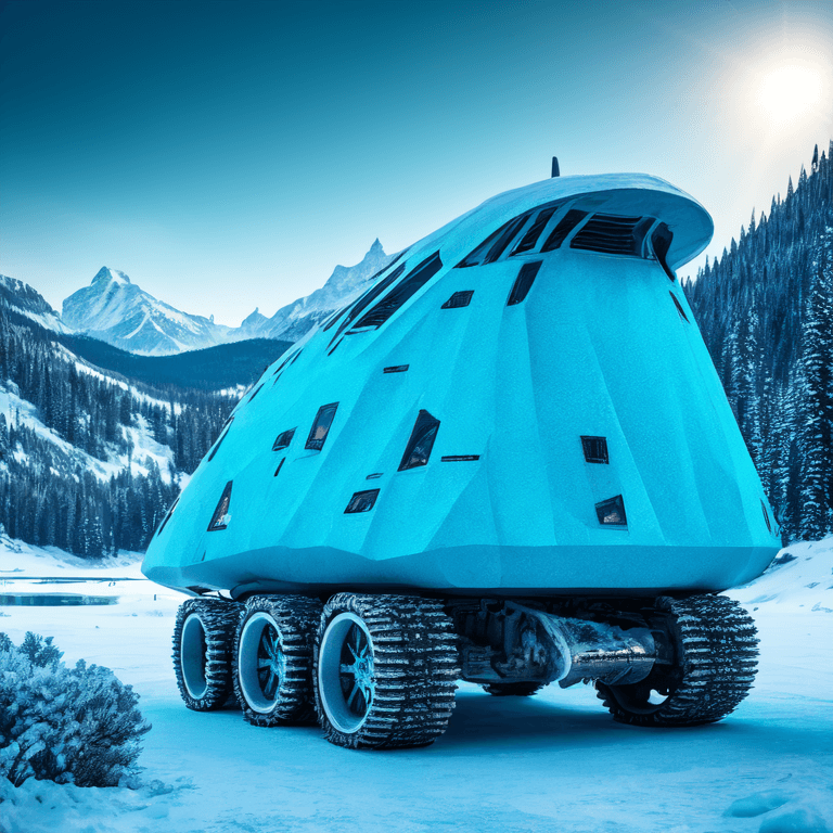 AI generated: manned vehicle with cabin, shaped like a tank, frozen alien planet, blue frozen lake, mountains in t...