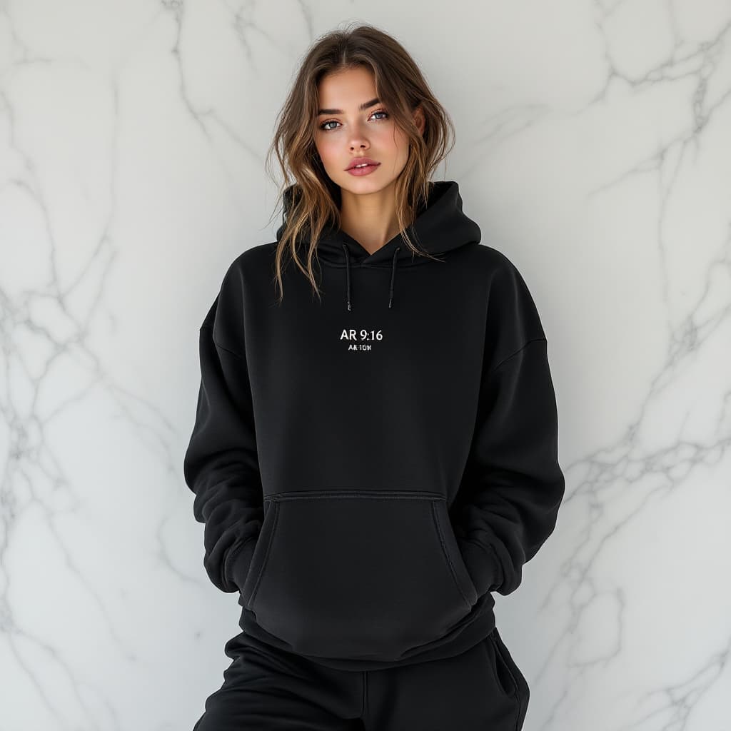AI generated: fashion cover, front view, upper-body, woman model, white marble wall, black hoodie, black sweats --...