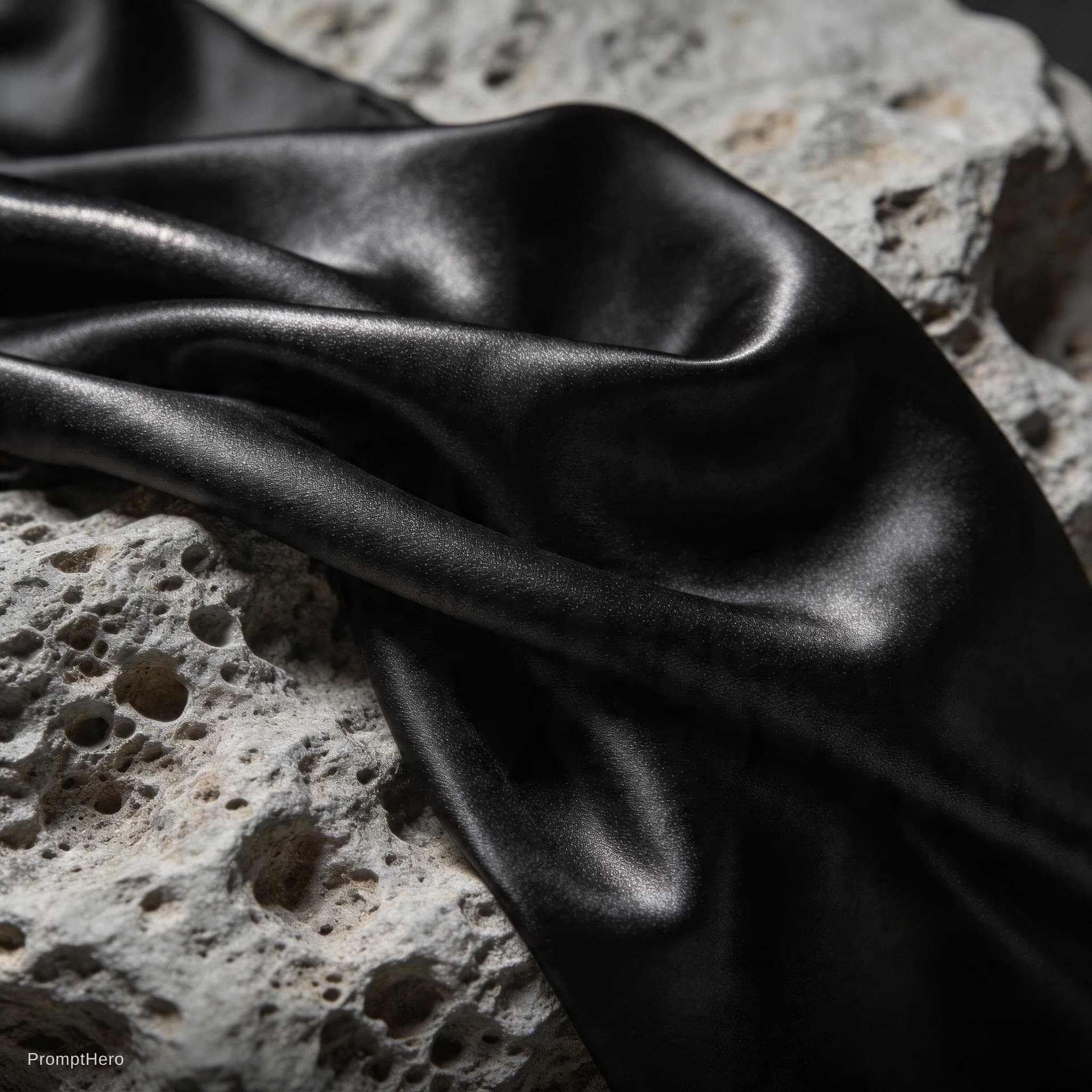 AI generated: Macro photography of heavy black silk ripples flowing over a raw, light grey volcanic rock. High-con...
