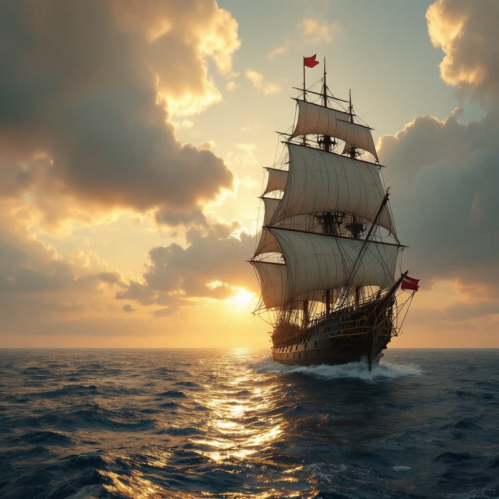 AI generated: Photo of a ultra realistic sailing ship, dramatic light, pale sunrise, cinematic lighting, battered,...