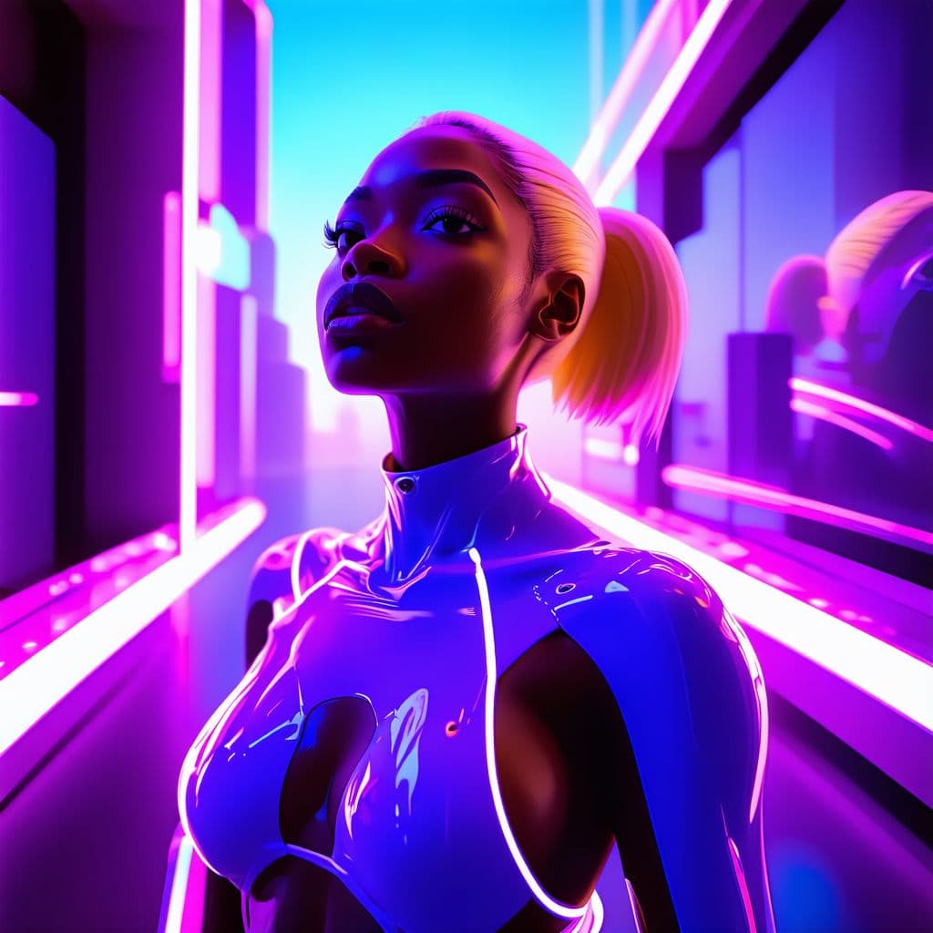 AI generated: Woman with brown skin, blonde hair, curvy complexion , futuristic, neon purple lights, hourglass bod...