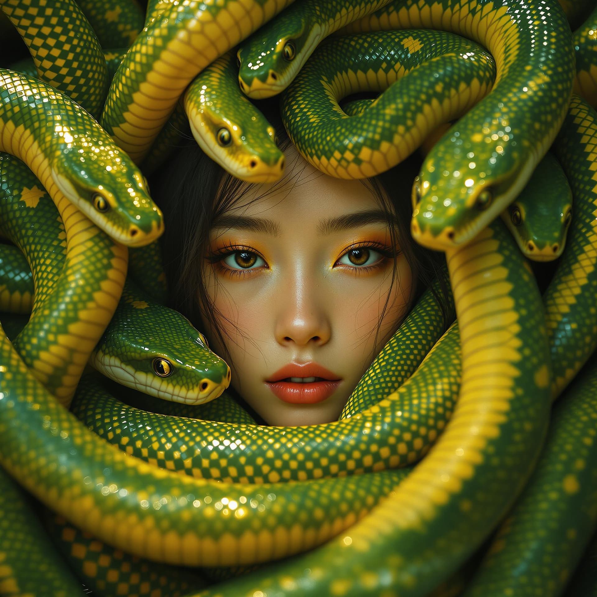 AI generated: a girl's face in the middle of many green and yellow snake face, in the style of chinapunk, iconic a...