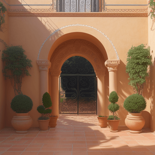 AI generated: front view, Depict a Mediterranean terrace with a Panasonic Lumix S1R, 50mm f/1.4 lens, Use terracot...