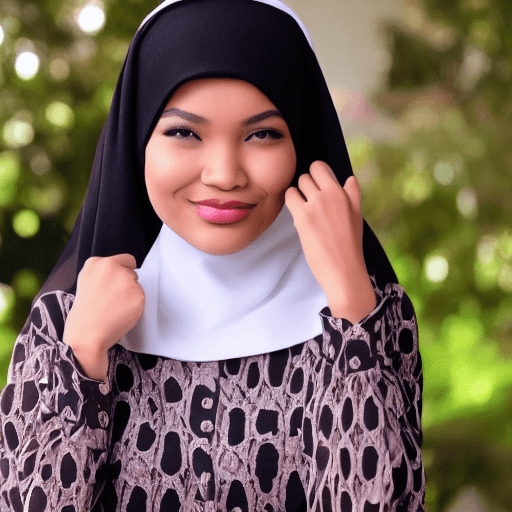 AI generated: Beautiful Indonesian girl with a black hijab on her head, eyes facing the camera, Asian brown skin, ...