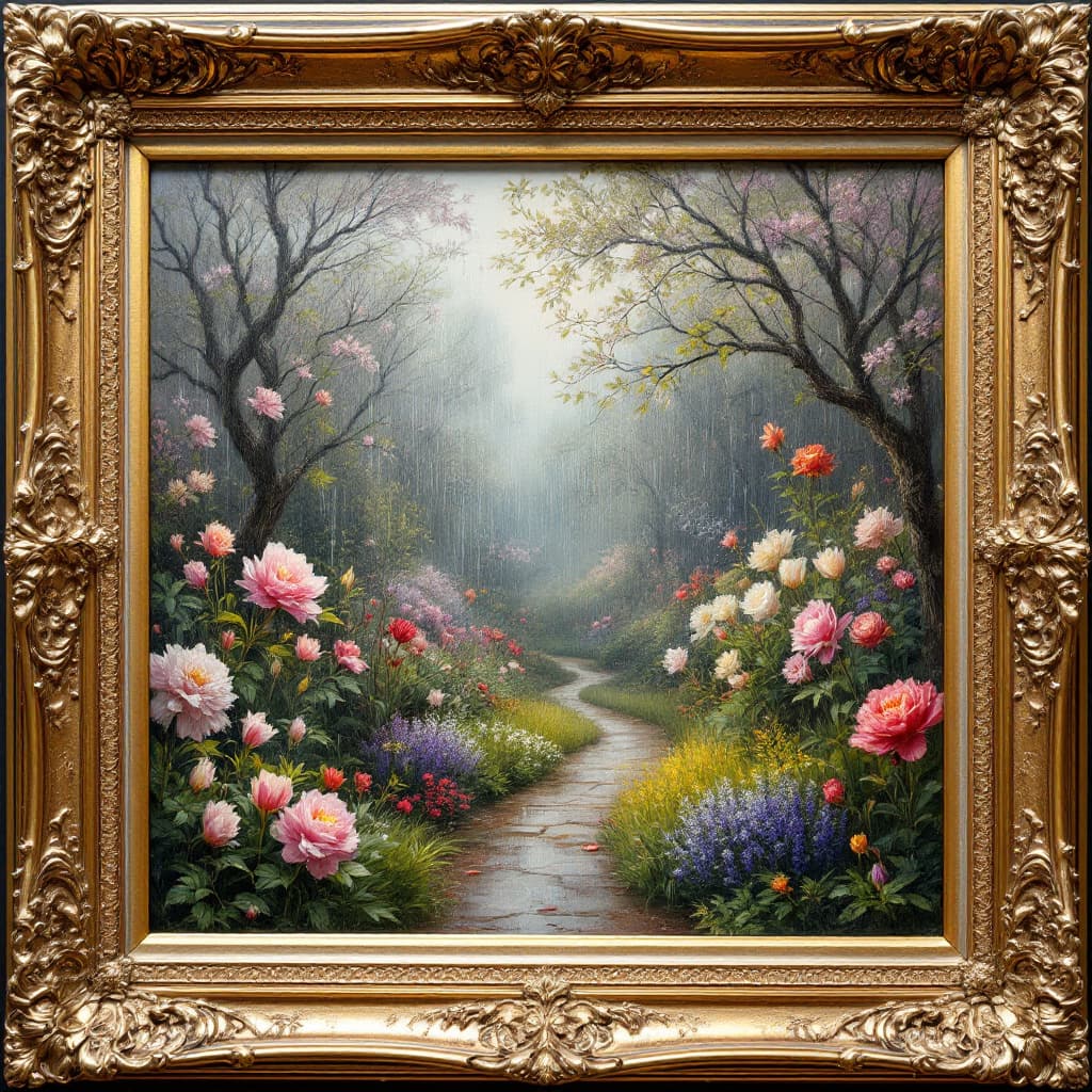AI generated: A highly detailed oil painting with a gilded frame, capturing the essence of April rain in a lush ga...