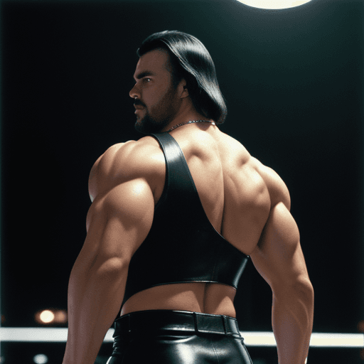 AI generated: Hyper realistic eye level exterior photo of a guy with quite muscle seen from his back, dressed in u...
