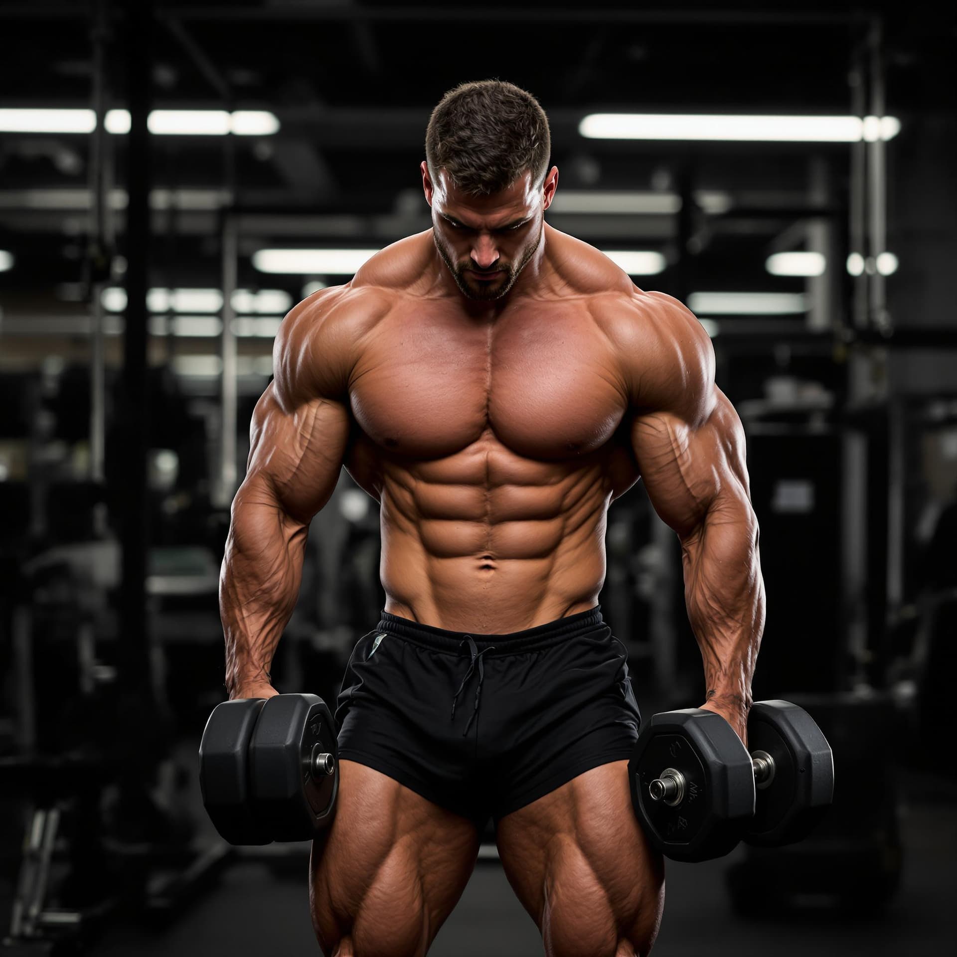 AI generated: a bodybuilder in black shorts lifting dumbbell