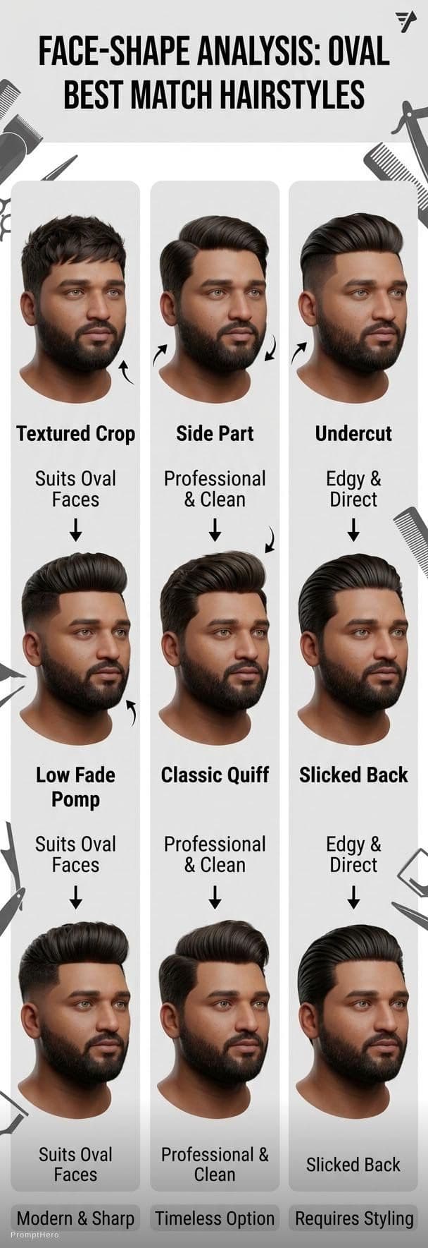 AI generated: Create a clean, modern hairstyle analysis graphic using this portrait. Show side-by-side hairstyles ...