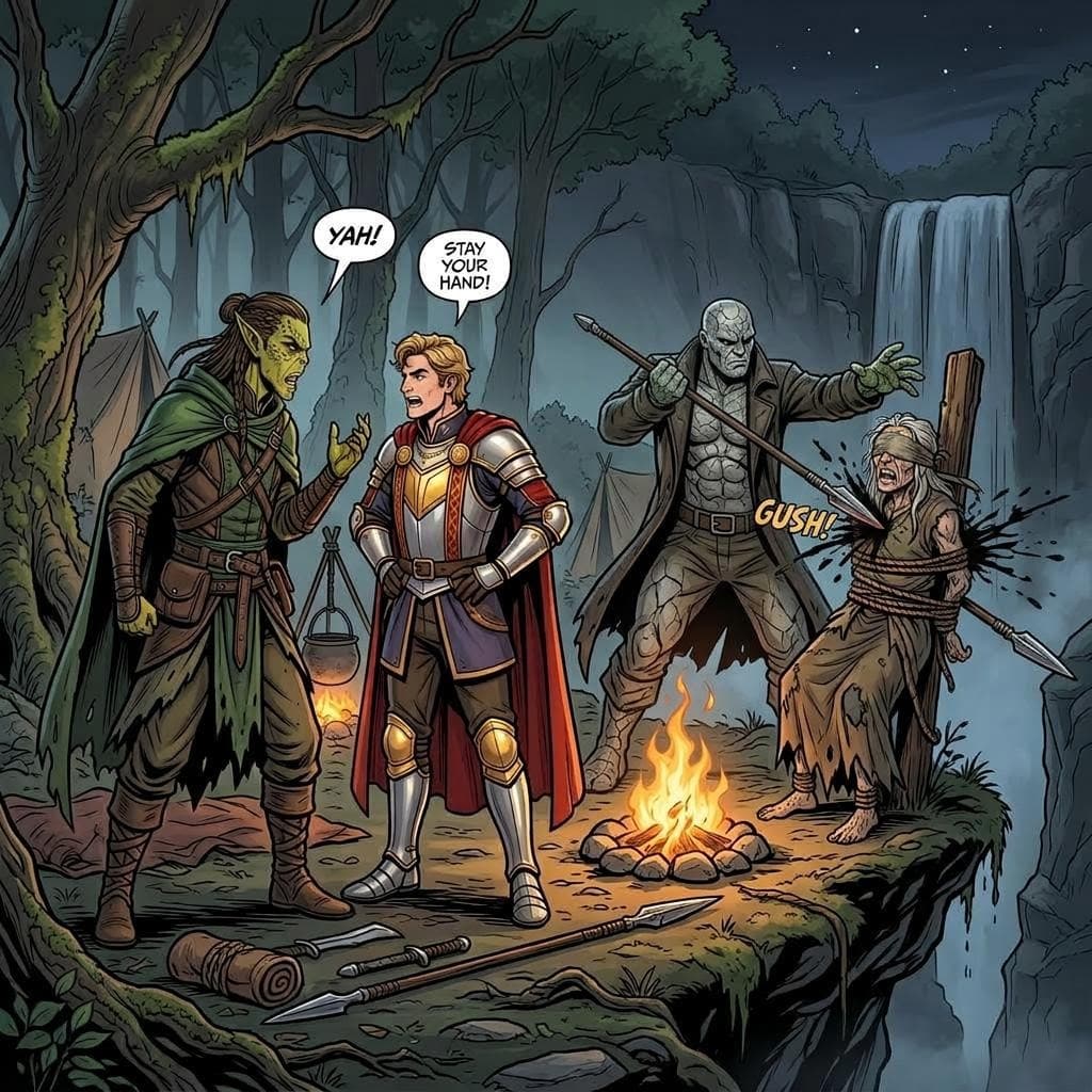 AI generated: a male githzerai argues with a human male knight as a stone golem fighter throws a spear through the...