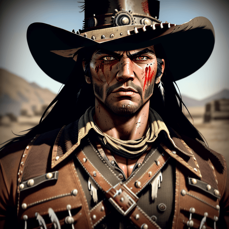 AI generated: western style red-dead redemption style, muscular, aggressive pose portrait, native american, steamp...