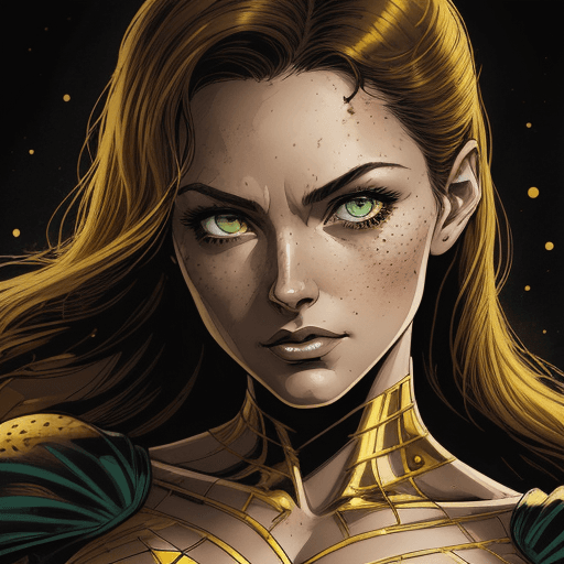 AI generated: picture of a woman with green eyes, in the style of detailed comic book art, dark amber and gold, cl...