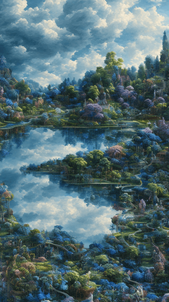AI generated:  landscape,Bokeh, Dark Blue Color, another landscape, Blue clouds over the lake, insanely detailed a...