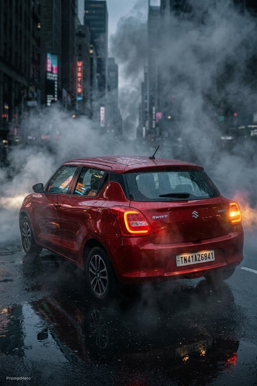 AI generated: A hyperrealistic, cinematic shot of a swift car from a slightly elevated three-quarters rear angle, ...