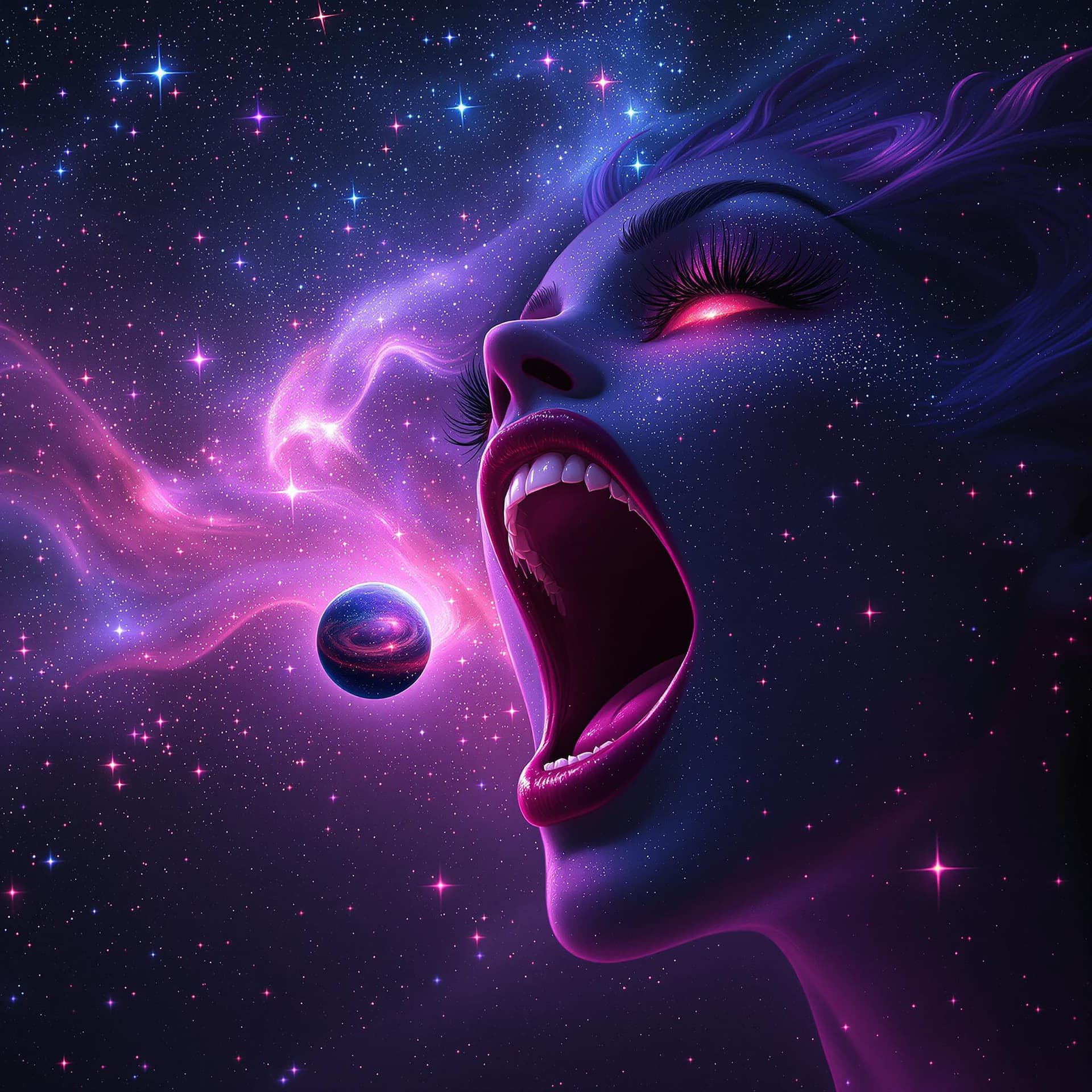 AI generated: enormous giantess twilight sparkle
bigger than a galaxy floating in space, minuscule galaxy in front...
