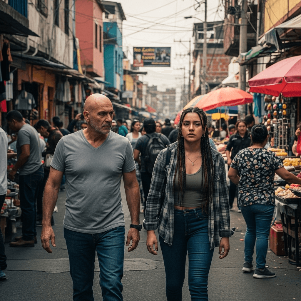 AI generated: a bald man with a lady, walking through Tepito, the most dangerous neighbourhood of Mexico City