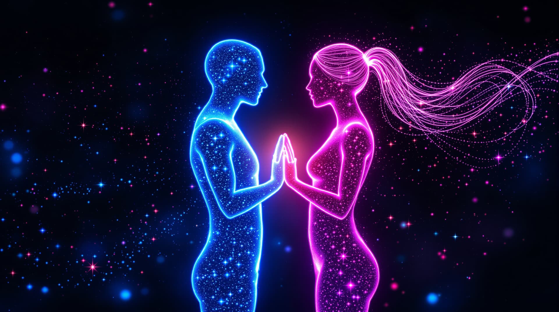 AI generated: Two luminous humanoid silhouettes in a cosmic setting, facing each other and touching both hands at ...