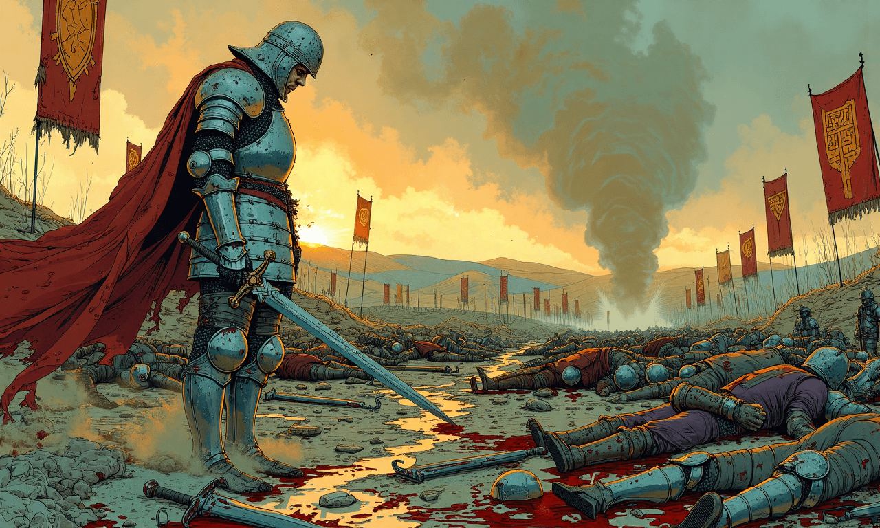AI generated: A weary and sorrowful knight stands amidst the devastation of a chaotic battlefield, gripping his sw...