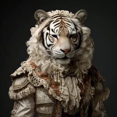 AI generated video: A tiger dressed as a human, looks at the camera, its ears twitch, it hair moves in a light wind  