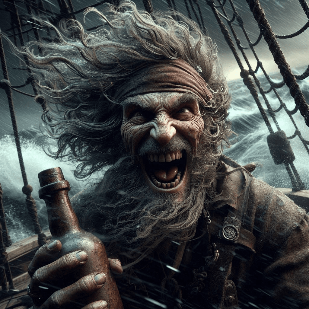AI generated: Close-up cinematic professional 3D animation of an enraged, laughing, disheveled pirate with wild, t...