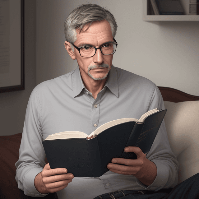 AI generated: realistic photography, mature man, thin, with black short hair, without a beard clean shaven, readin...