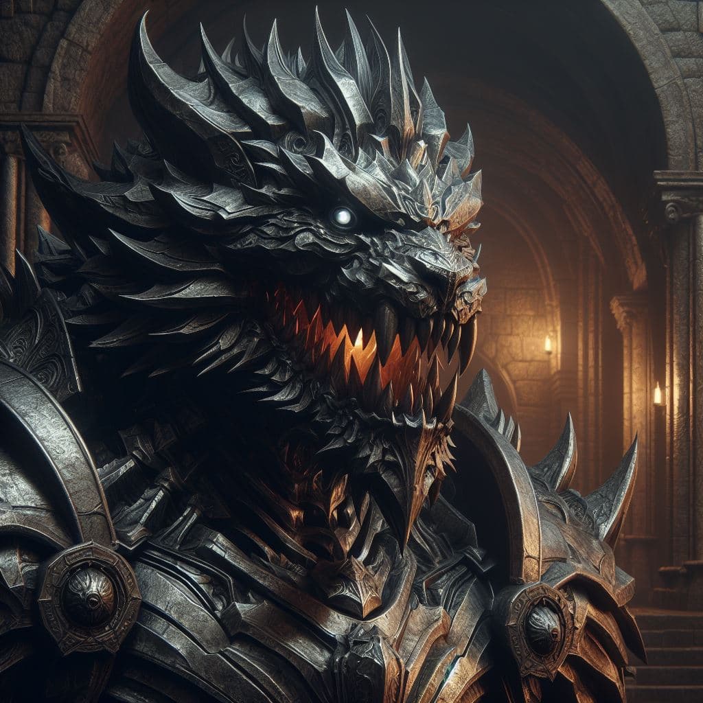 AI generated: In a dark, foreboding dungeon, Ironmaw, a fearsome, armored beast, guards the ancient treasures with...