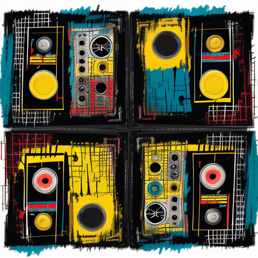 AI generated: Abstract pattern of 4 quadrants of dj equipment.  Primary colors of dark teal and dark yellow. In th...