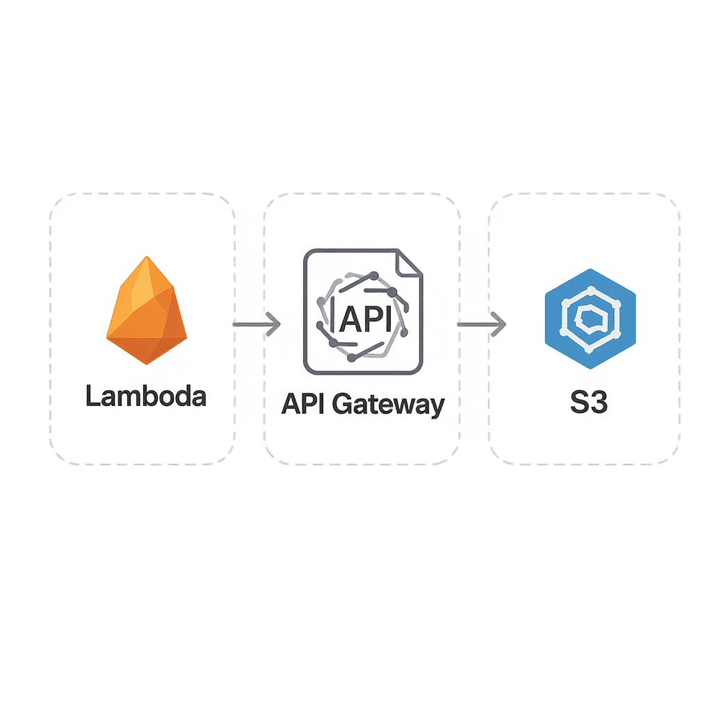 AI generated: Diagram of AWS serverless services with icons for Lambda, API Gateway, DynamoDB, and S3 on a white b...