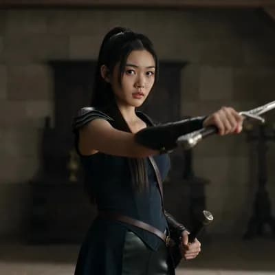 AI generated video: The girl slowly lowers the sword and turns towards the camera. At the end she locks eyes with the ca...