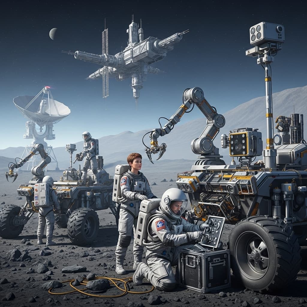 AI generated: Realistic shot of astronauts on the surface of a planet, with a lunar rover and space station in the...