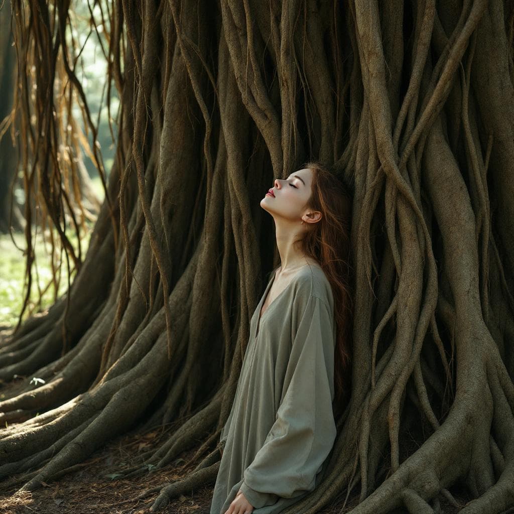 AI generated: Side view of a girl with long hair extending to the ground and merging with the roots of a large tre...
