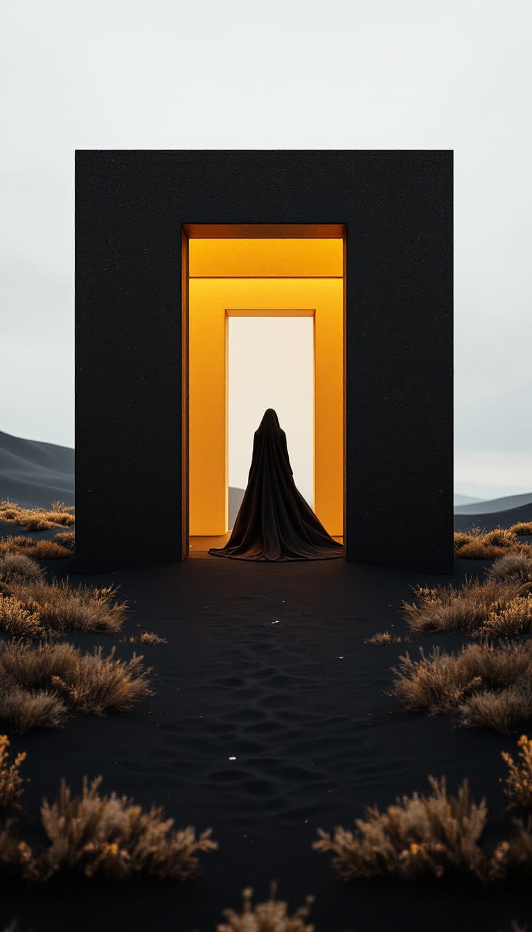 AI generated: Photography, symmetrical asymmetry, a small shelter, one people, elegant aluminium enveloppe, black ...