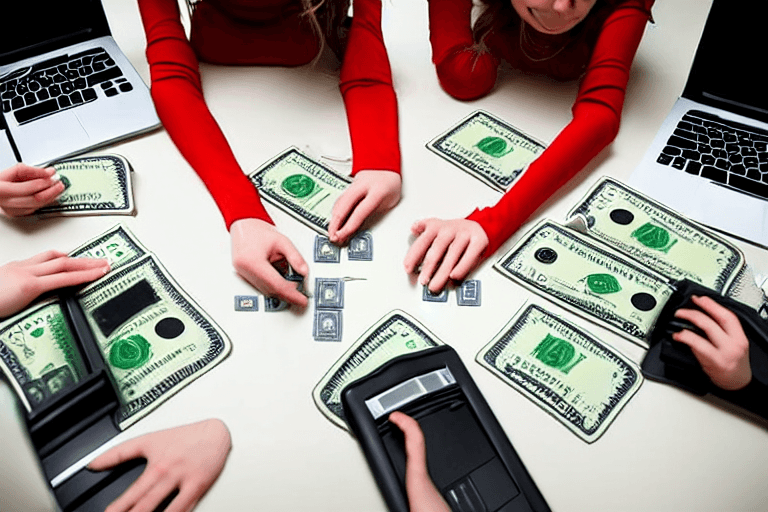 AI generated: elves writing on computers with money on the floor photograph