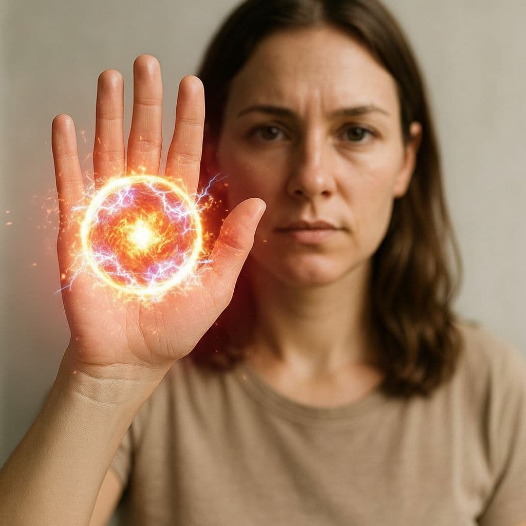 AI generated: Add an energy ball with sparks and fire above the woman’s hand.
