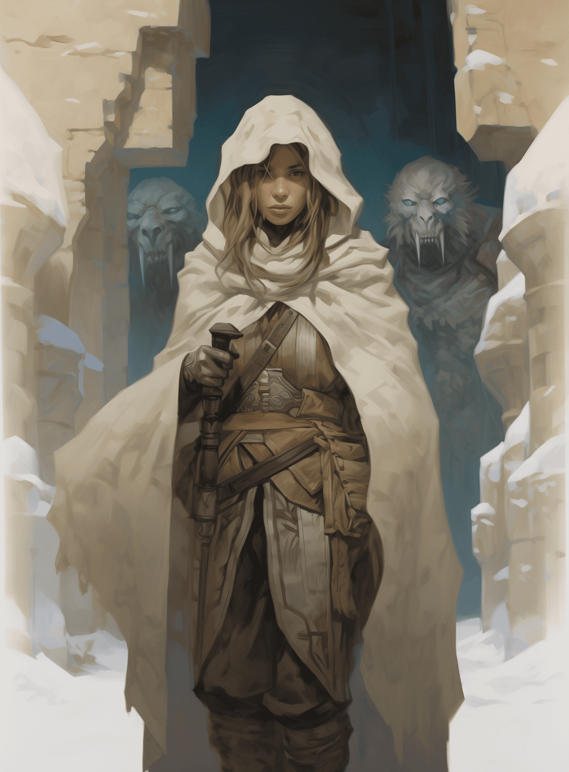 AI generated: A female d&d character, dressed in winter and carrying an open cloak on her shoulders stands at the ...