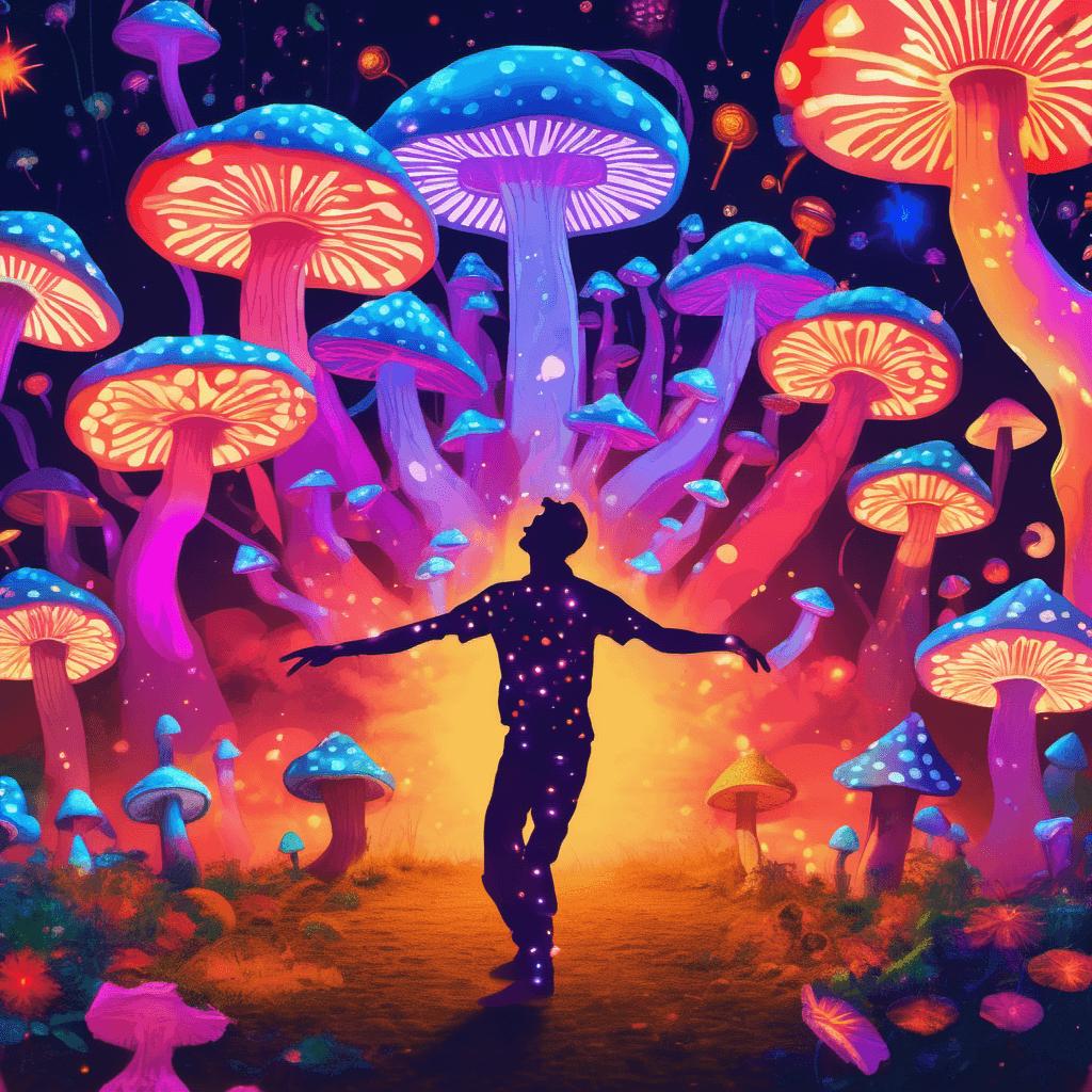 AI generated: A man dancing on a Psychedelic festival,with glowing mushrooms,everyone is on drugs
