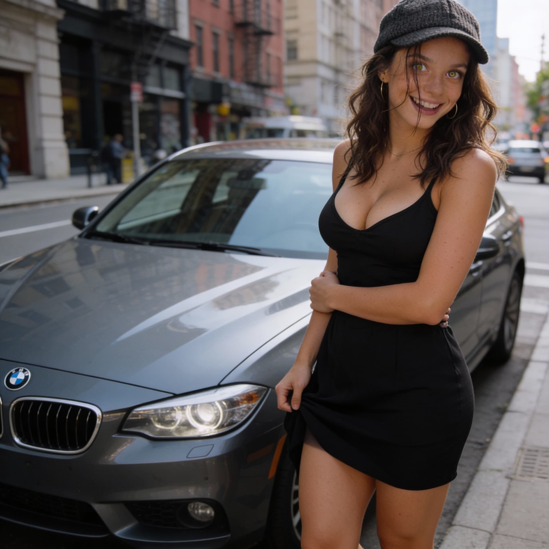 AI generated: This woman standing next to grey bmw(reference image given), she is wearing this black dress , she h...