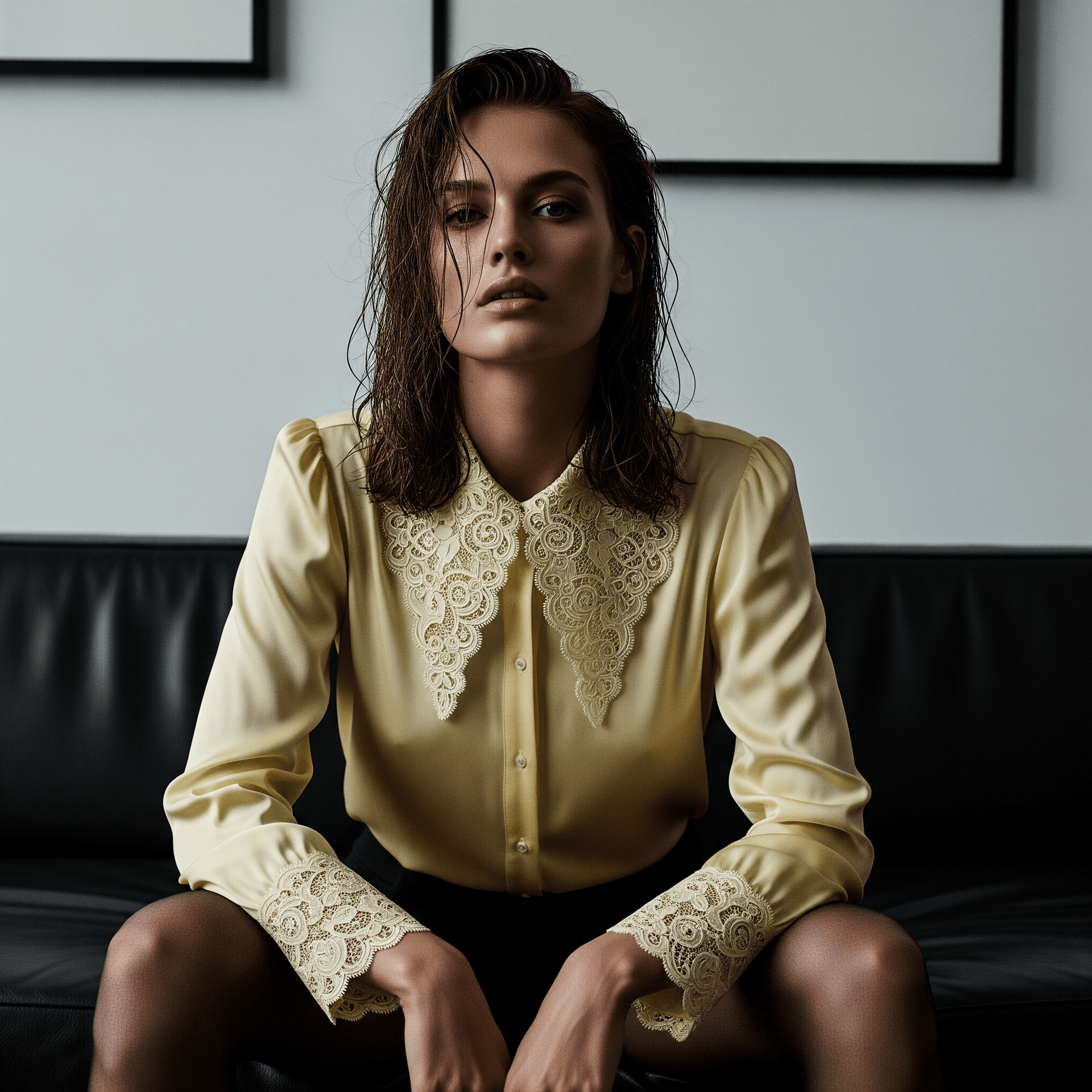 AI generated: (Imagen 4) A high-fashion editorial portrait of a woman with damp, tousled brown hair, sitting on a ...