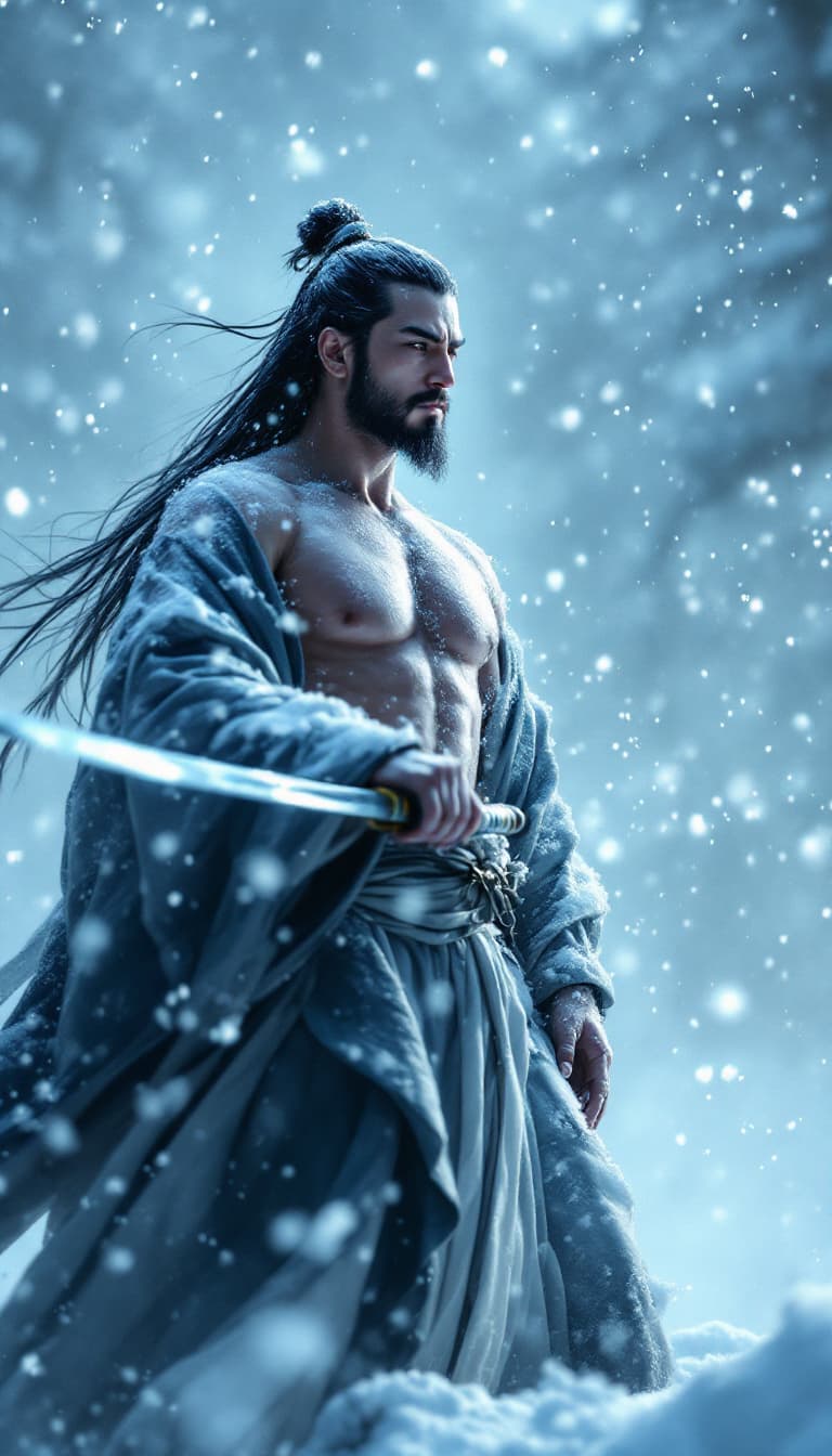 AI generated: A surreal movie scene of a Chinese ninja and a stunning beauty standing in a fierce snowstorm, holdi...