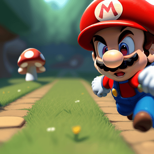 AI generated: Super-Mario running, Mushroom Kingdom background, 32k, closeup, trending on poltcount 3D, game --v 5...