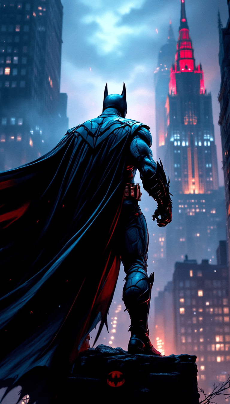 AI generated: The batman Death metal  with bulky body, behind scene , standing on top of a tall building in gothic...