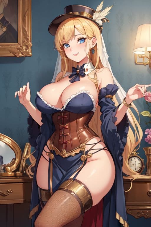 AI generated: A captivating woman lounging on a grand Victorian bed, adorned with opulent steampunk attire. She is...