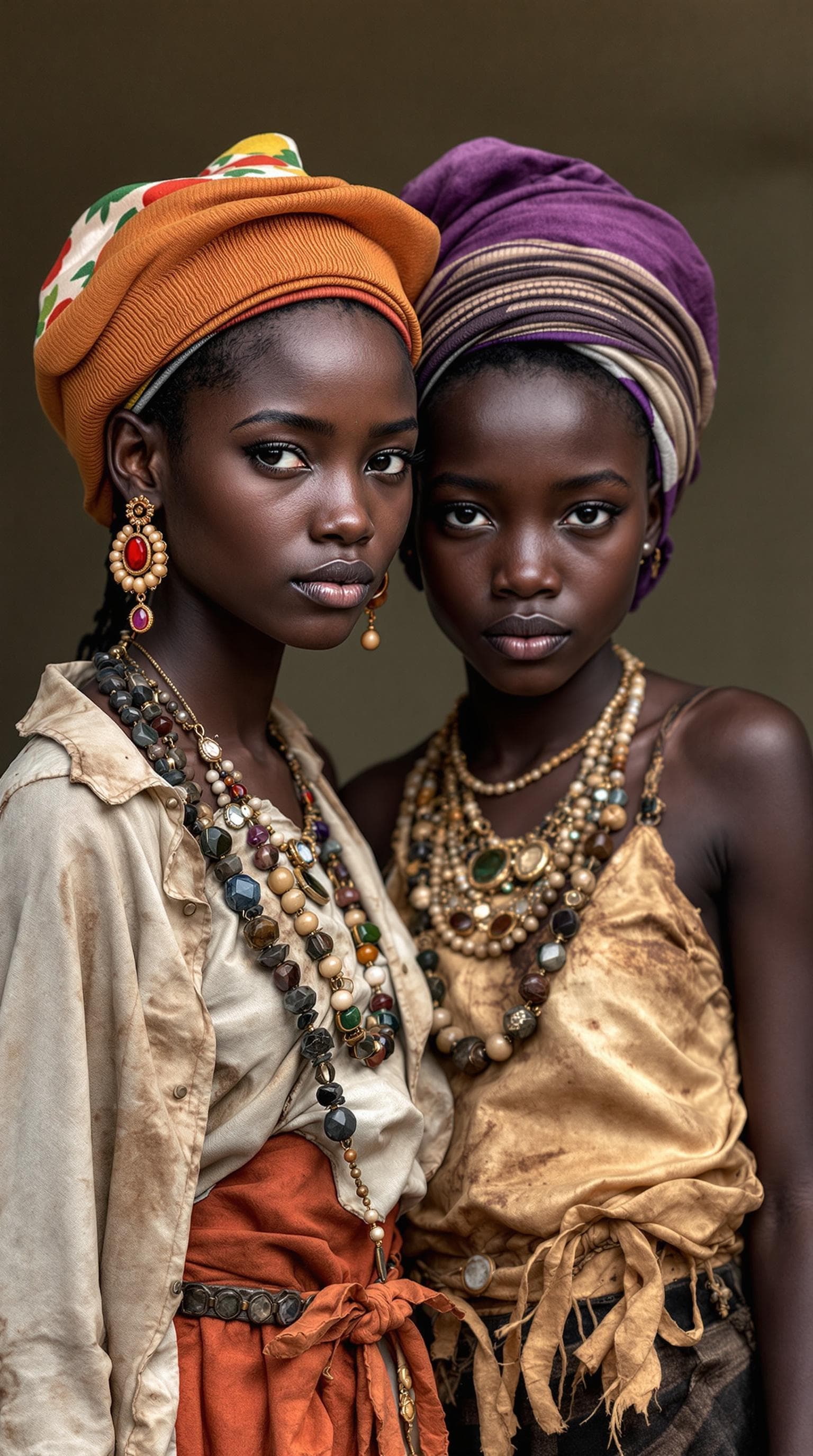 AI generated: Two young African girls, 26 years old, with hats and jewelry on their heads. One of them is in moder...