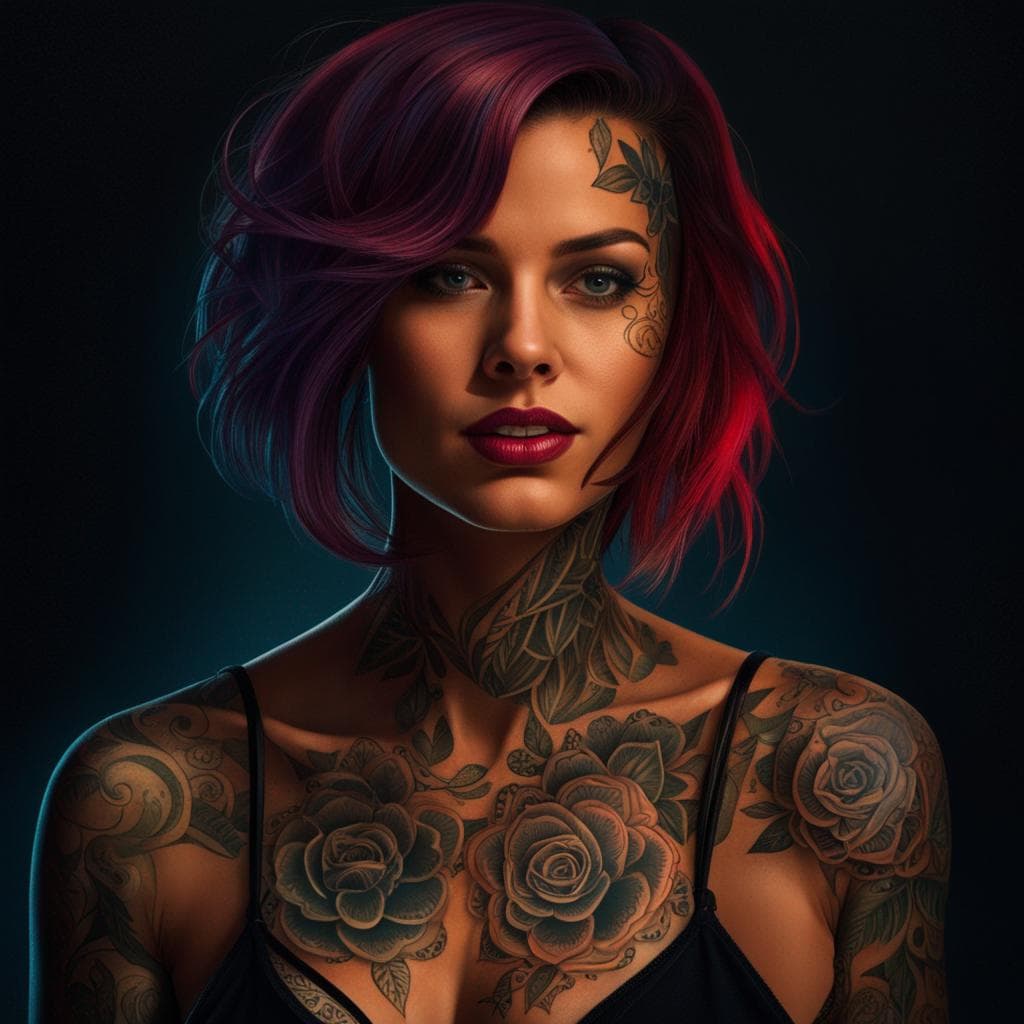 AI generated: portrait of a young sexy woman full of tattoo,  against dark background, sexy pose, Subtle grin, hyp...