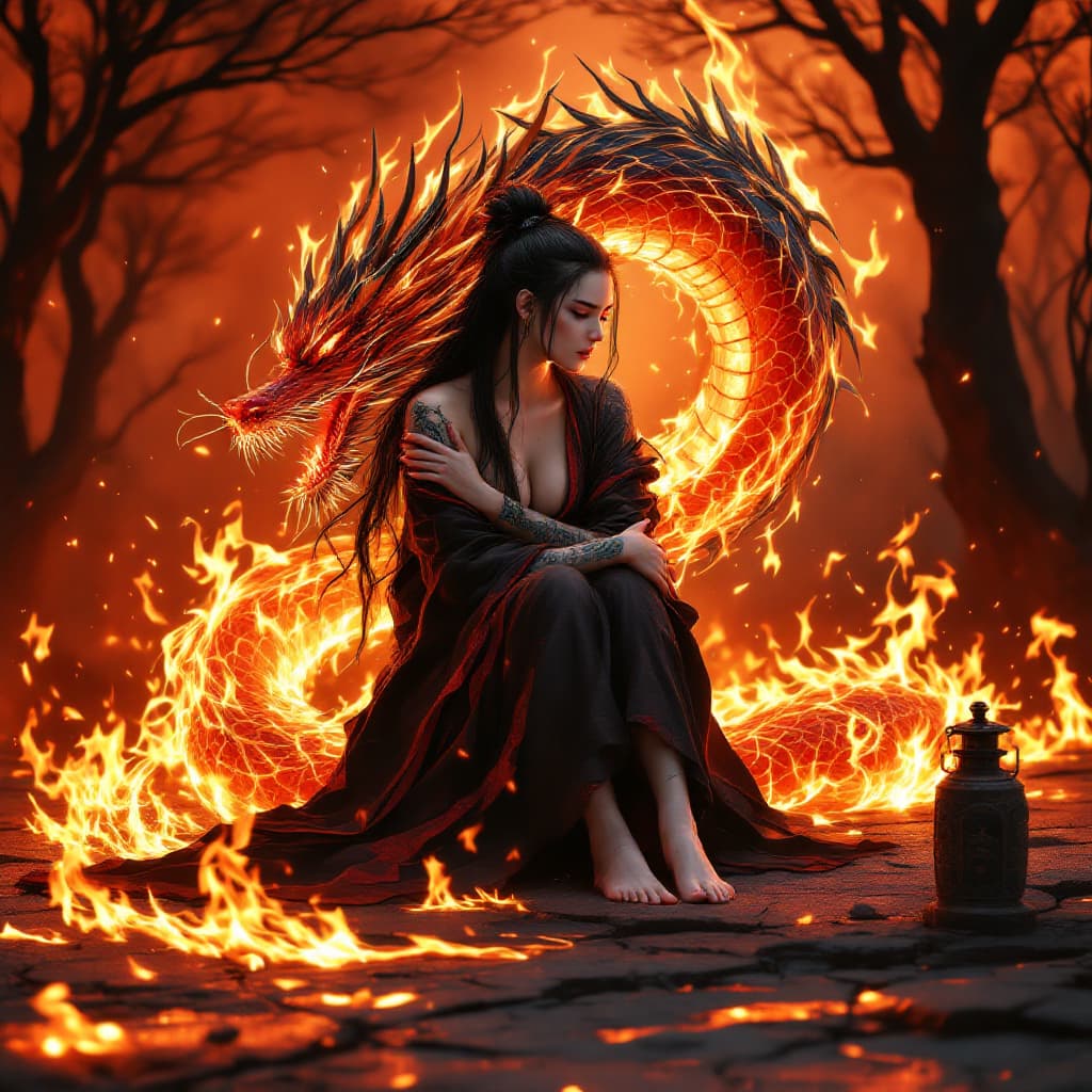 AI generated: female flame warrior with jet black flowing hair and pale skin and tattoos wearing a black and red k...